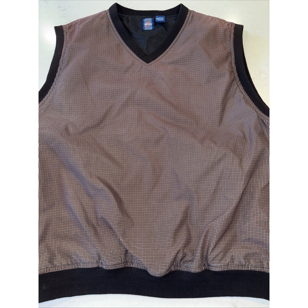 Jantzen Sweater Vest Mens XL Brown Micro Grid Pullover V Neck Nylon Lined Golf